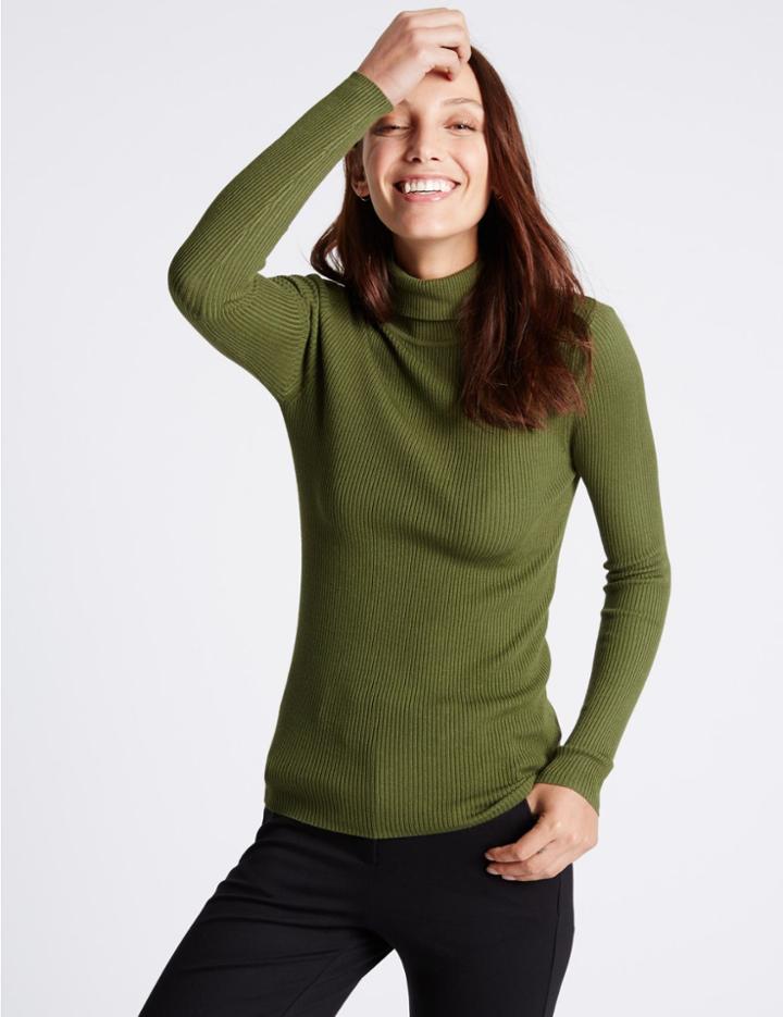 Marks & Spencer Ribbed Polo Neck Jumper Khaki