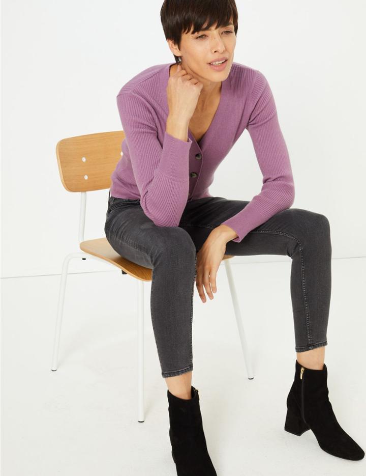 Marks & Spencer V Neck Ribbed Button Cardigan Violet