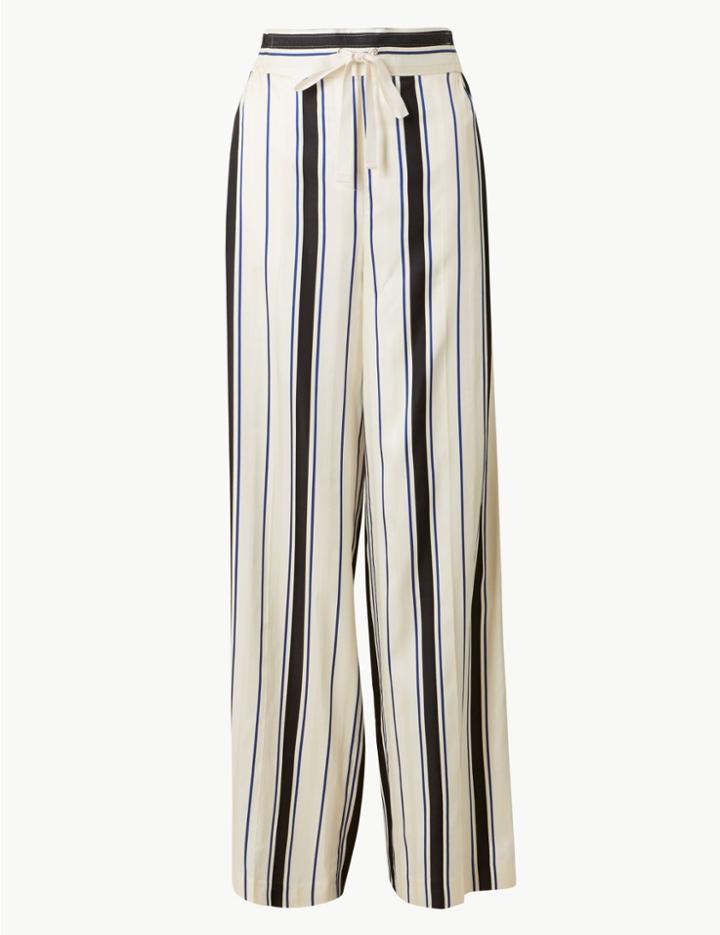 Marks & Spencer Striped Wide Leg Ankle Grazer Trousers Black Mix