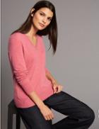 Marks & Spencer Pure Cashmere Ribbed Hem V-neck Jumper Light Raspberry