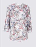 Marks & Spencer Linen Rich Floral Print Long Sleeve Blouse Blue Mix