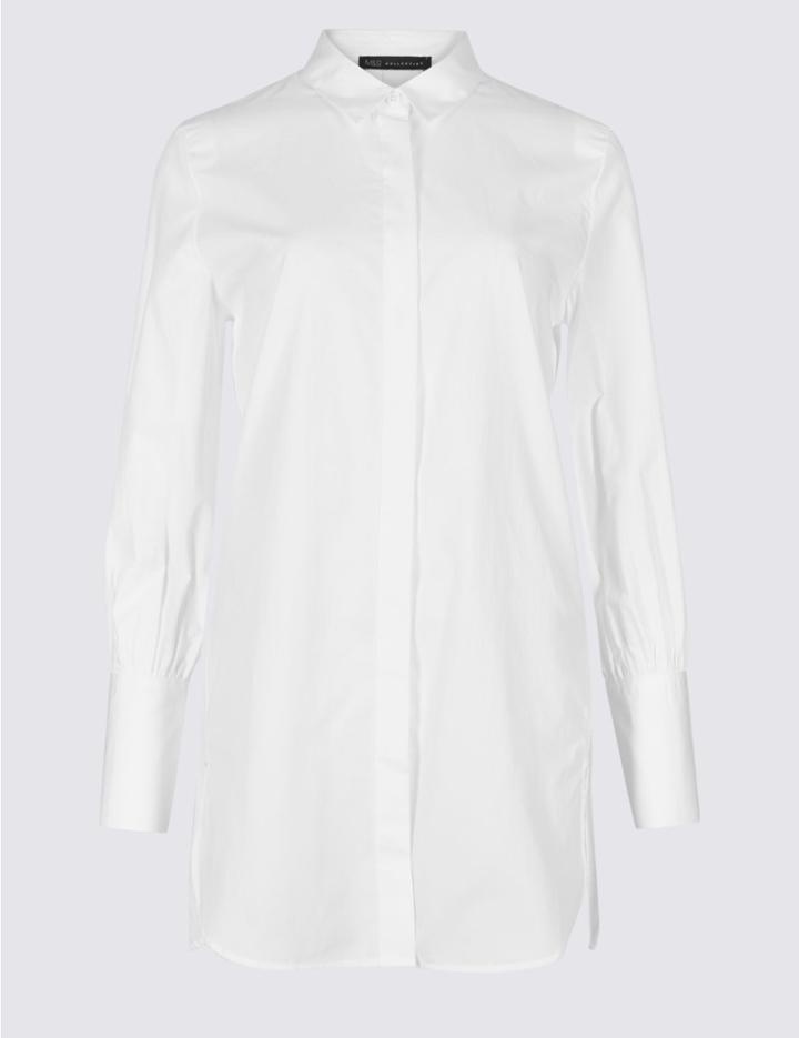 Marks & Spencer Pure Cotton Longline Long Sleeve Shirt White