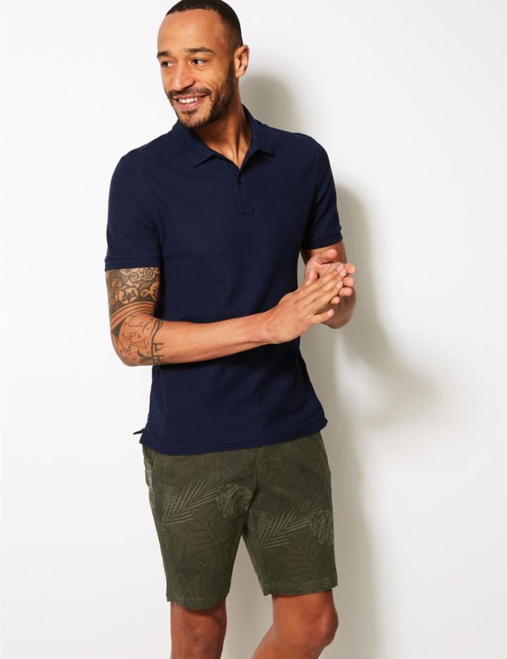 Marks & Spencer Cotton Rich Printed Shorts With Stretch Green Mix