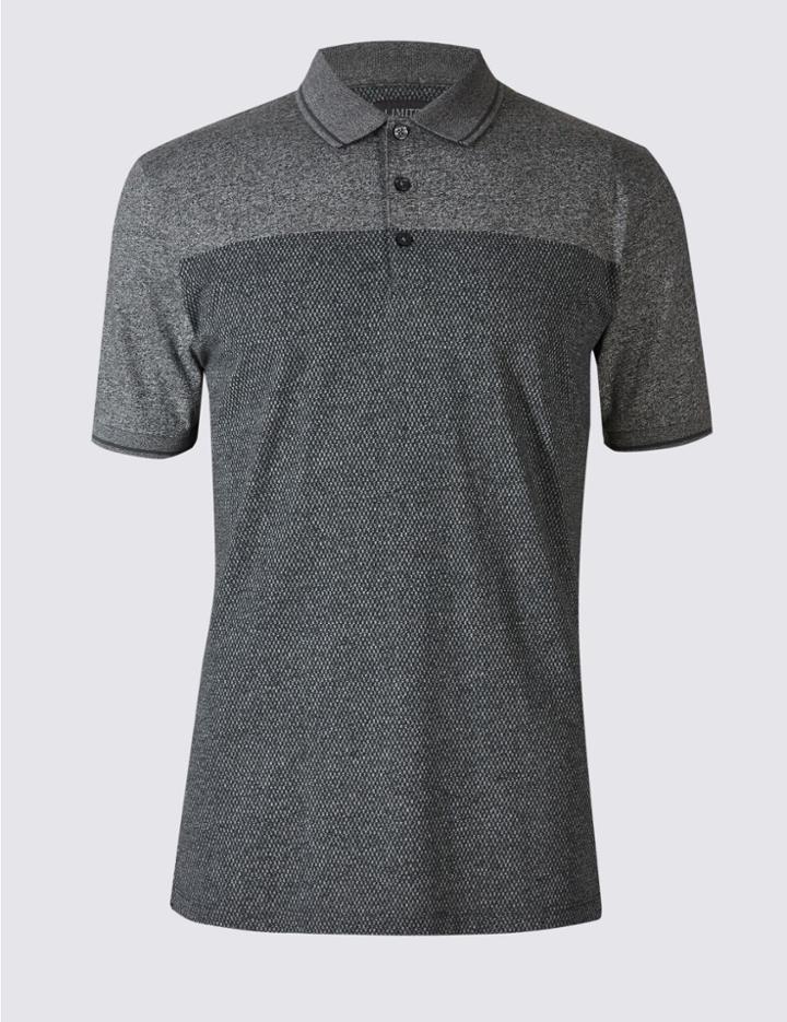 Marks & Spencer Cotton Blend Textured Polo Shirt Grey Mix