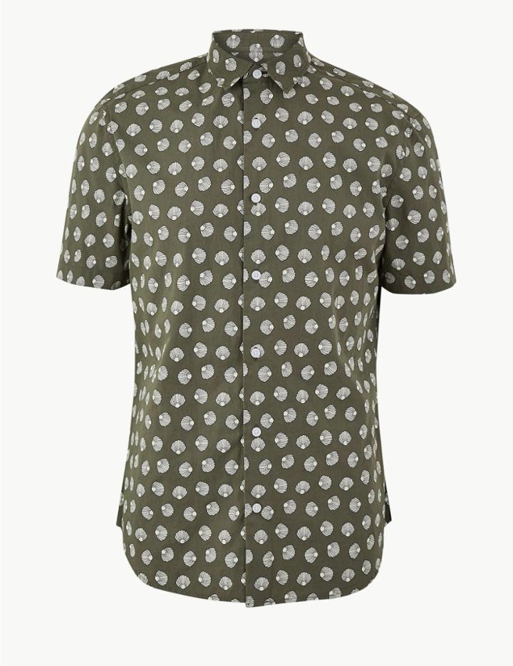Marks & Spencer Pure Cotton Shell Print Shirt Khaki