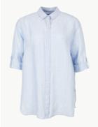 Marks & Spencer Curve Pure Linen Striped Long Sleeve Shirt Blue Mix