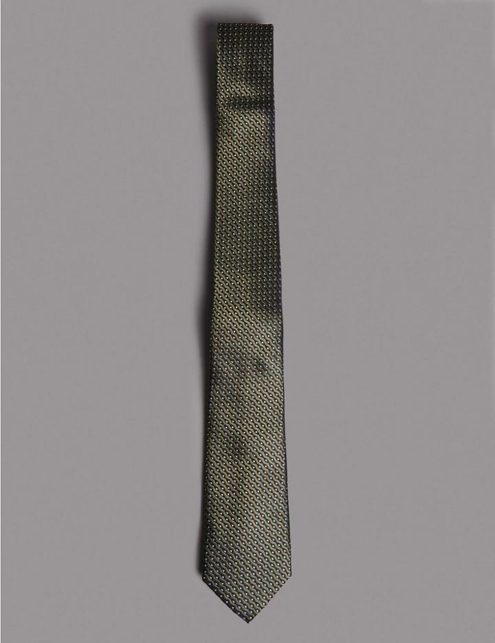 Marks & Spencer Pure Silk Spotted Tie Khaki Mix