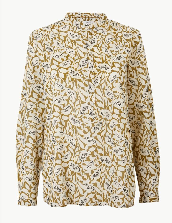 Marks & Spencer Pure Cotton Floral Print Long Sleeve Shirt Gold Mix