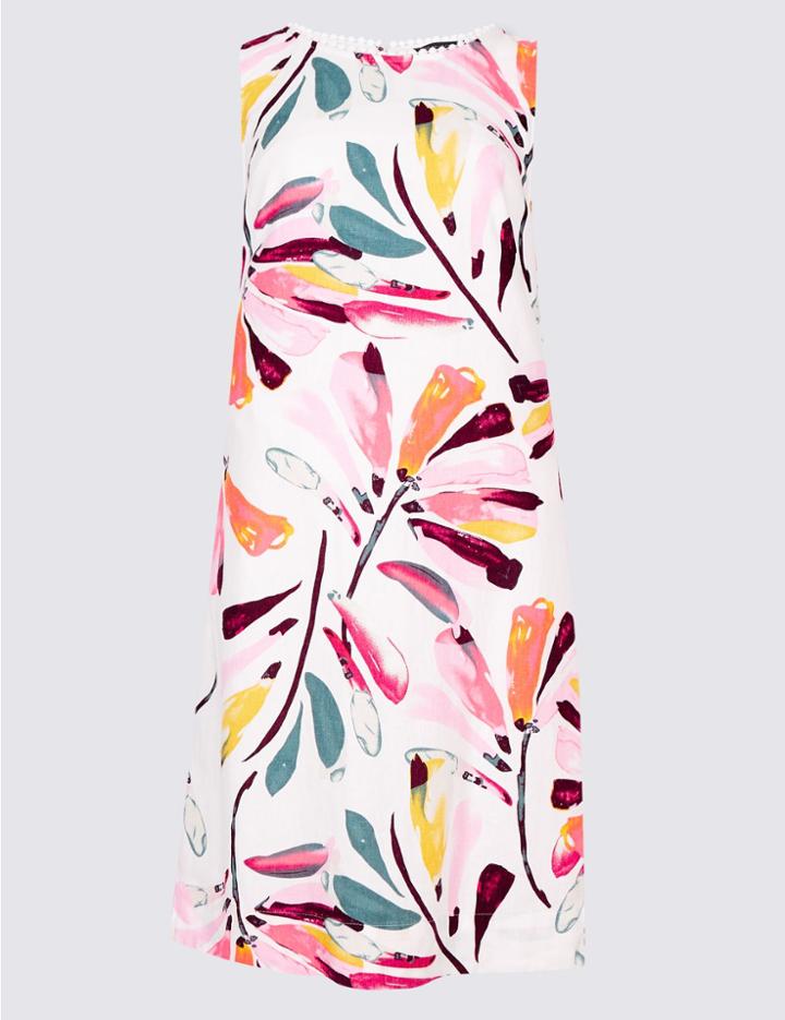 Marks & Spencer Linen Blend Daisy Print Tunic Dress Ivory Mix