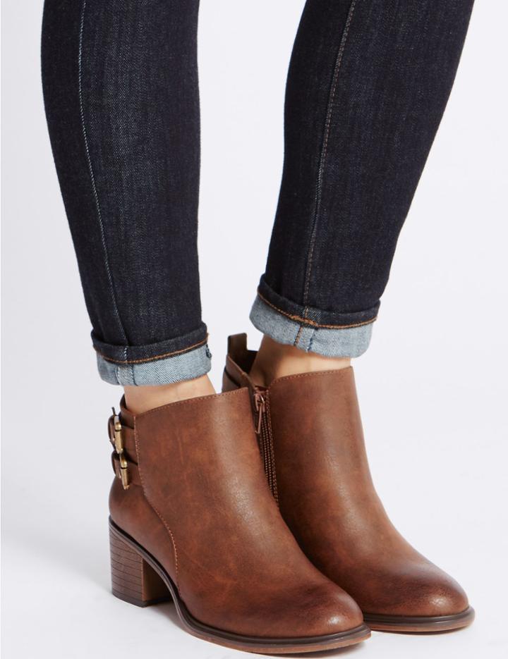 Marks & Spencer Block Heel Double Buckle Ankle Boots Brown