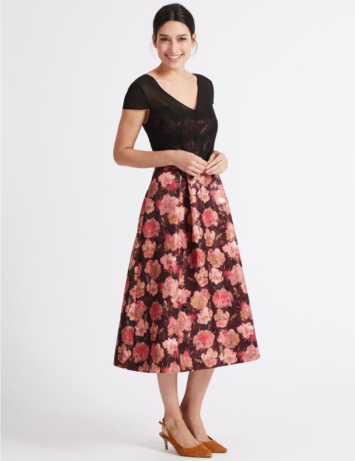 Marks & Spencer Floral Jacquard Short Sleeve Prom Midi Dress Black Mix