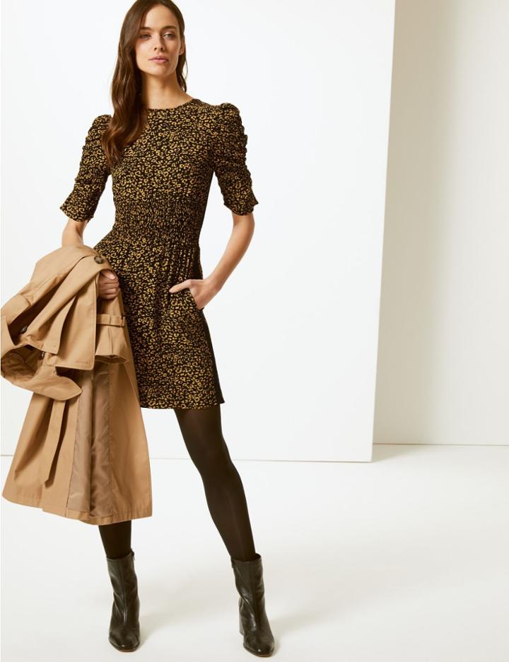 Marks & Spencer Animal Print Half Sleeve Tea Mini Dress Yellow Mix