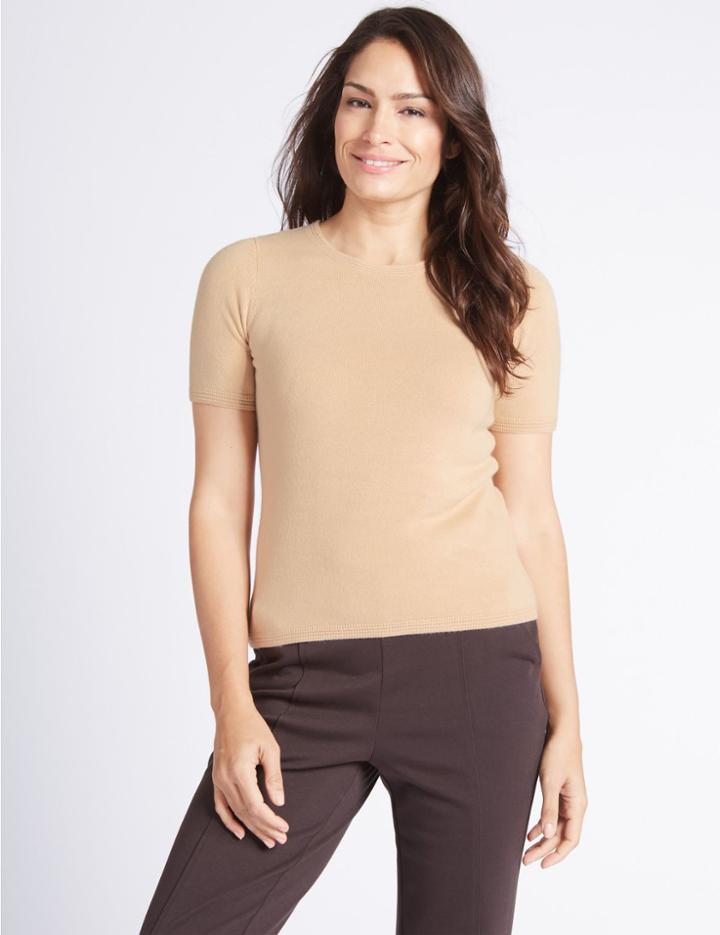 Marks & Spencer Cashmilon&trade; Round Neck Short Sleeve Jumper Camel