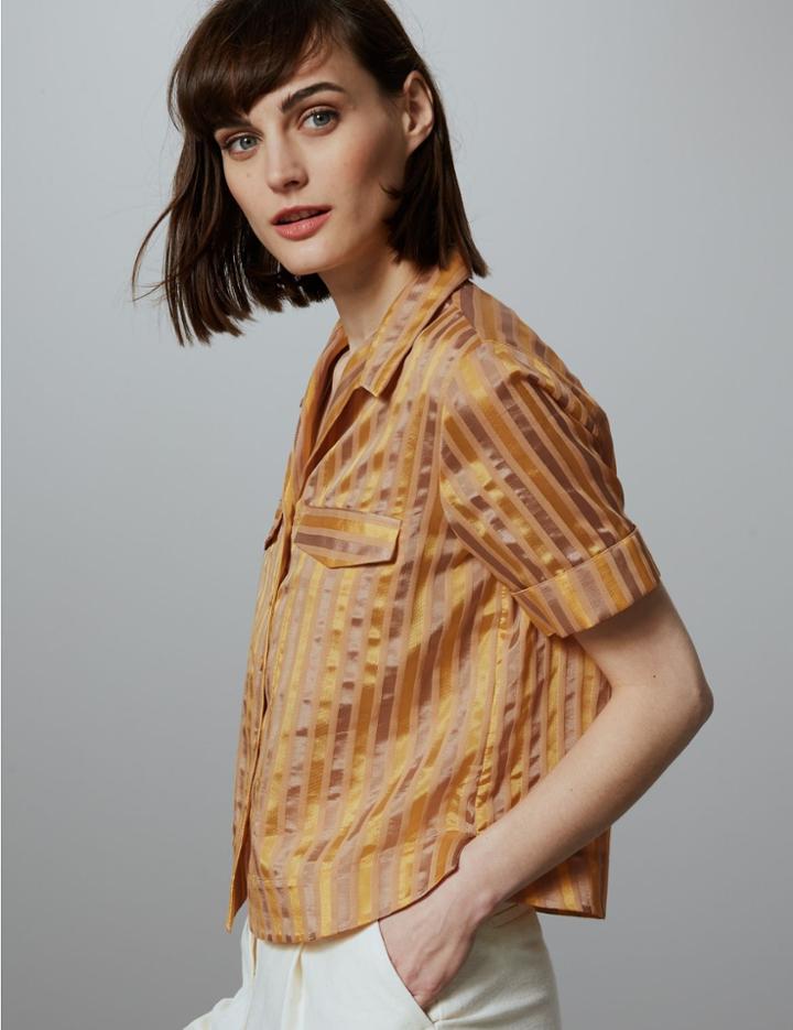 Marks & Spencer Cotton Blend Striped Cropped Boxy Shirt Multi