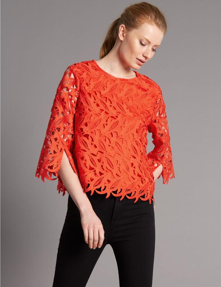 Marks & Spencer Lace Round Neck 3/4 Sleeve Shell Top Red