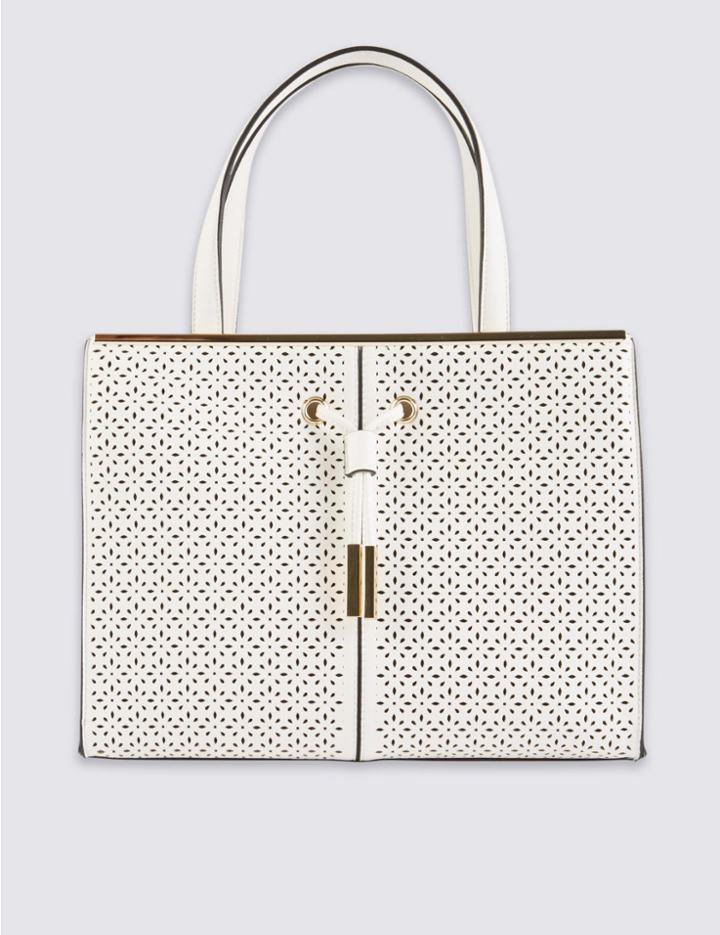 Marks & Spencer Faux Leather Drawstring Tote Bag White Mix
