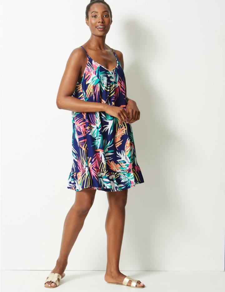 Marks & Spencer Palm Print Woven Flippy Slip Beach Dress Navy Mix