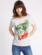 Marks & Spencer Cotton Blend Tropical Floral Print T-shirt White Mix