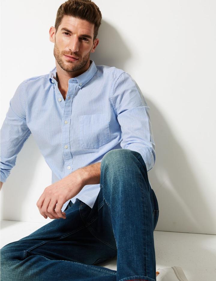 Marks & Spencer Pure Cotton Slim Fit Shirt With Pocket Blue
