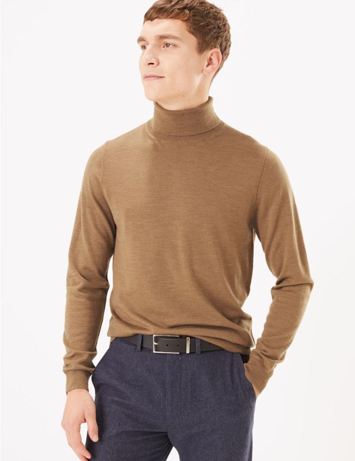 Marks & Spencer Pure Extra Fine Merino Wool Roll Neck Jumper Camel