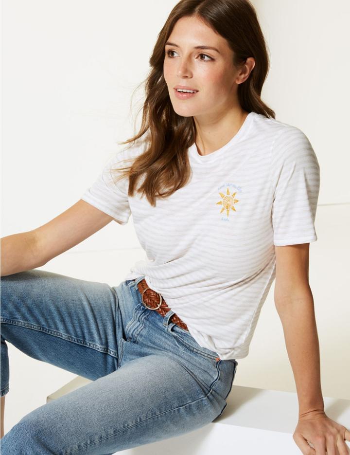 Marks & Spencer Striped Round Neck Embroidered Motif T-shirt Oatmeal Mix