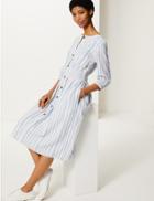 Marks & Spencer Linen Rich Striped Midi Waisted Dress Chambray Mix
