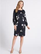 Marks & Spencer Floral Print Long Sleeve Shift Dress Navy Mix