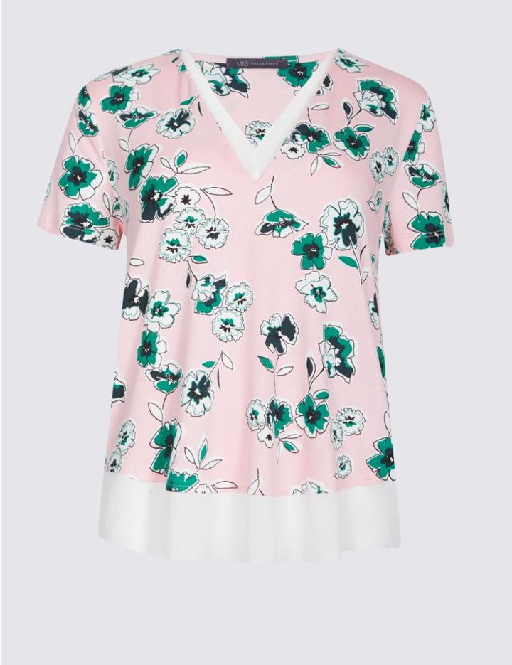 Marks & Spencer Floral Print V-neck Short Sleeve T-shirt Pink Mix