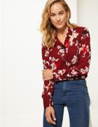 Marks & Spencer Floral Print Long Sleeve Shirt Burgundy Mix
