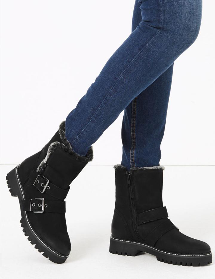 Marks & Spencer Leather Faux Fur Biker Ankle Boots Black