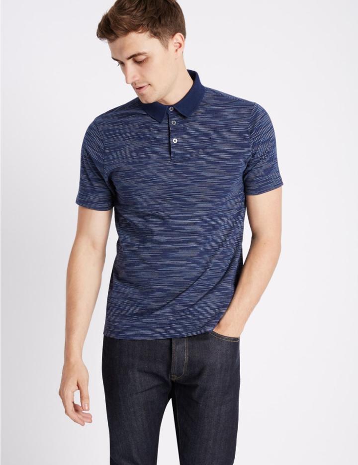 Marks & Spencer Pure Cotton Striped Polo Shirt Dark Midnight