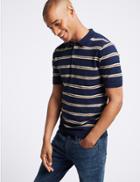 Marks & Spencer Pure Cotton Striped Knitted Slim Fit Polo Navy Mix