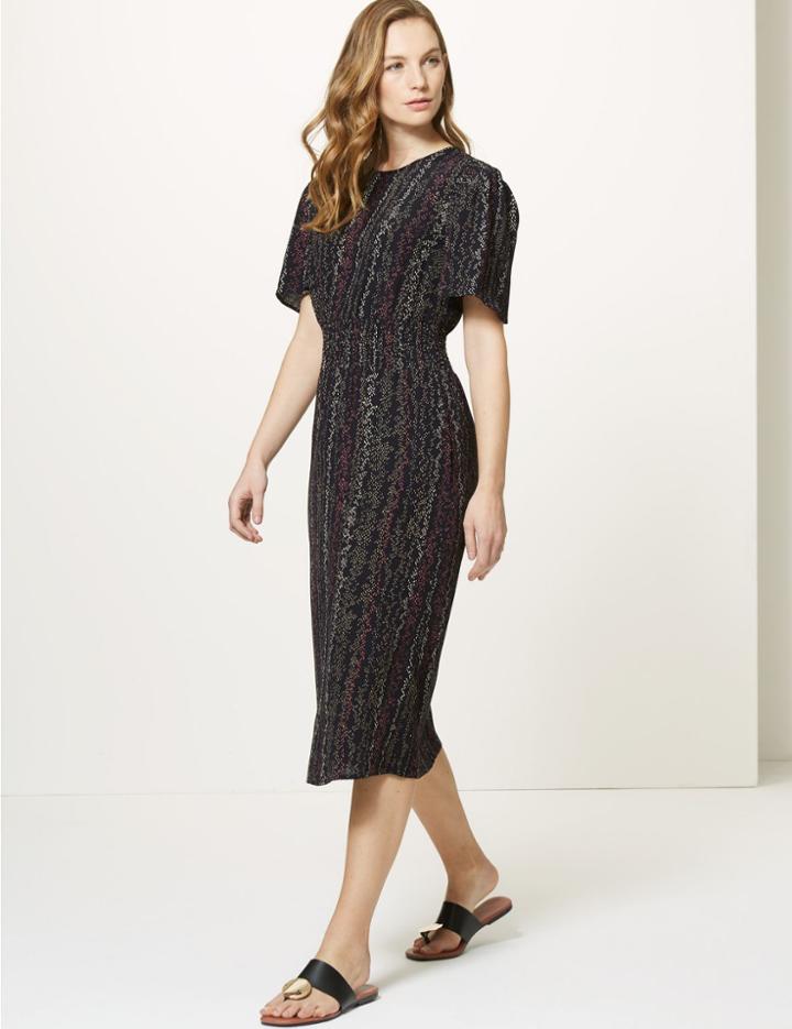 Marks & Spencer Animal Print Flare Sleeve Waisted Midi Dress Black Mix