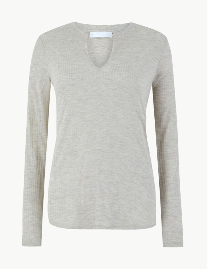 Marks & Spencer Notch Neck Long Sleeve Top Dark Stone