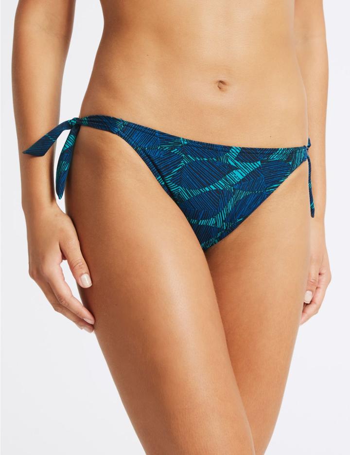 Marks & Spencer Leaf Print Tie Side Bikini Bottoms Blue Mix