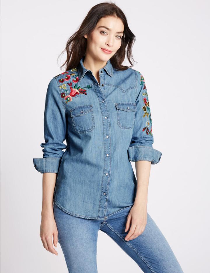 Marks & Spencer Pure Cotton Embroidered Denim Shirt Denim Mix
