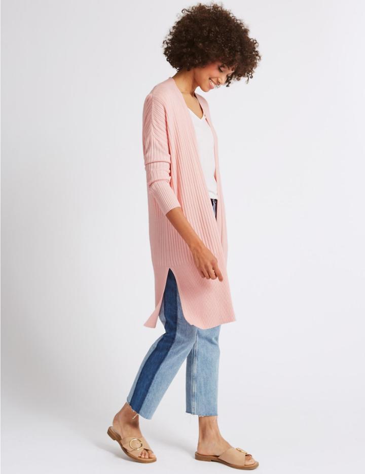 Marks & Spencer Open Front Ribbed Longline Cardigan Bubblegum