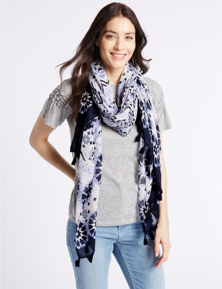Marks & Spencer Tile Pattern Tassel Scarf White Mix