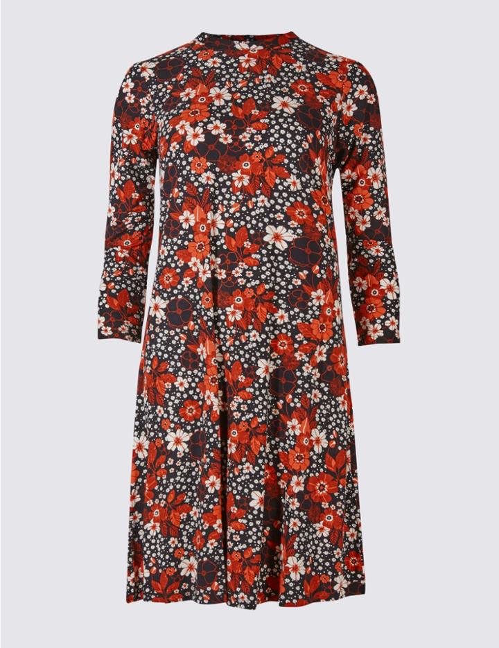 Marks & Spencer Floral Print 3/4 Sleeve Swing Midi Dress Black Mix