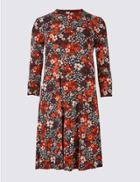 Marks & Spencer Floral Print 3/4 Sleeve Swing Midi Dress Black Mix