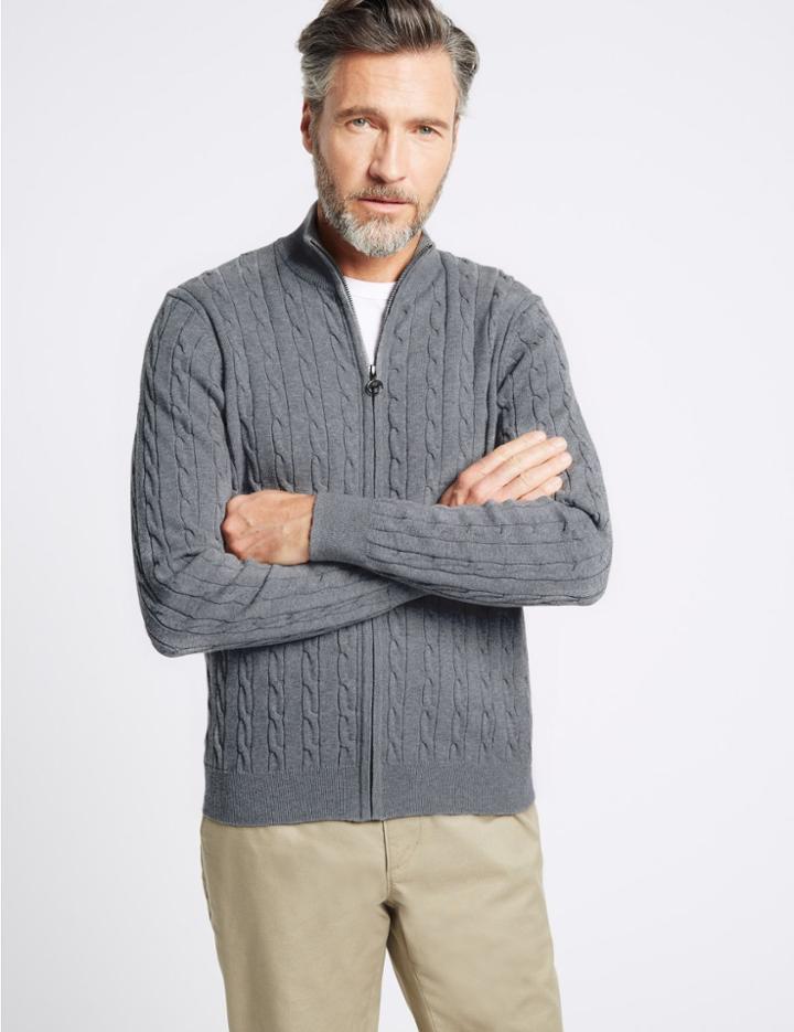 Marks & Spencer Cotton Rich Cable Knit Zip Through Cardigan Light Grey