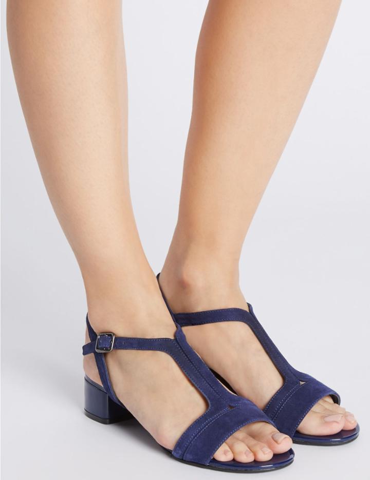 Marks & Spencer Suede Block Heel T-bar Sandals Flame