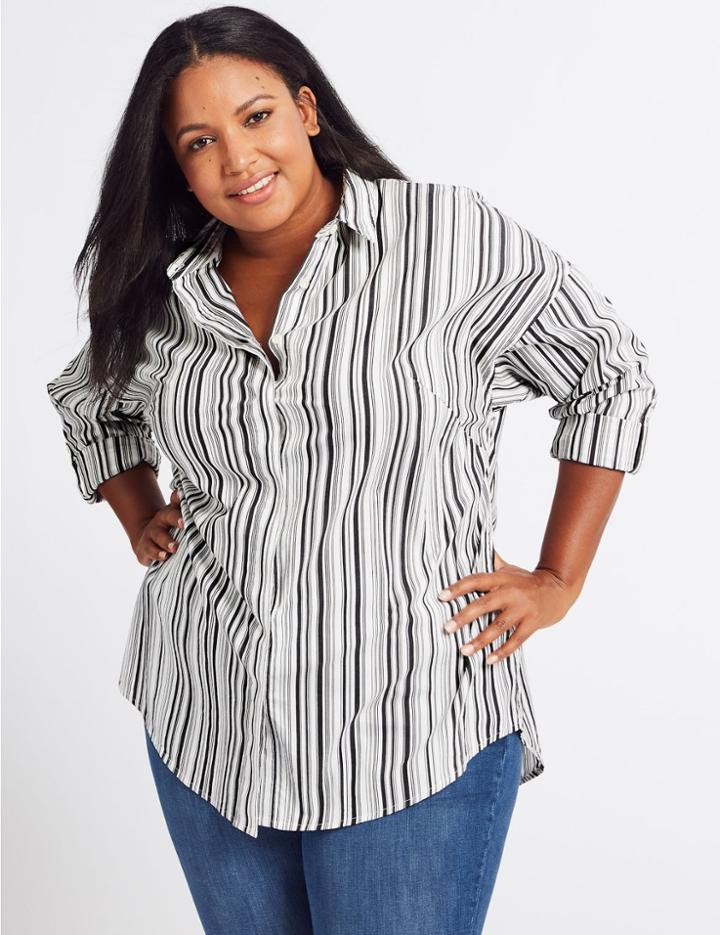 Marks & Spencer Curve Cotton Rich Striped Long Sleeve Shirt White Mix