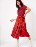 Marks & Spencer Satin Floral Pleated Midi Wrap Skirt Red Mix