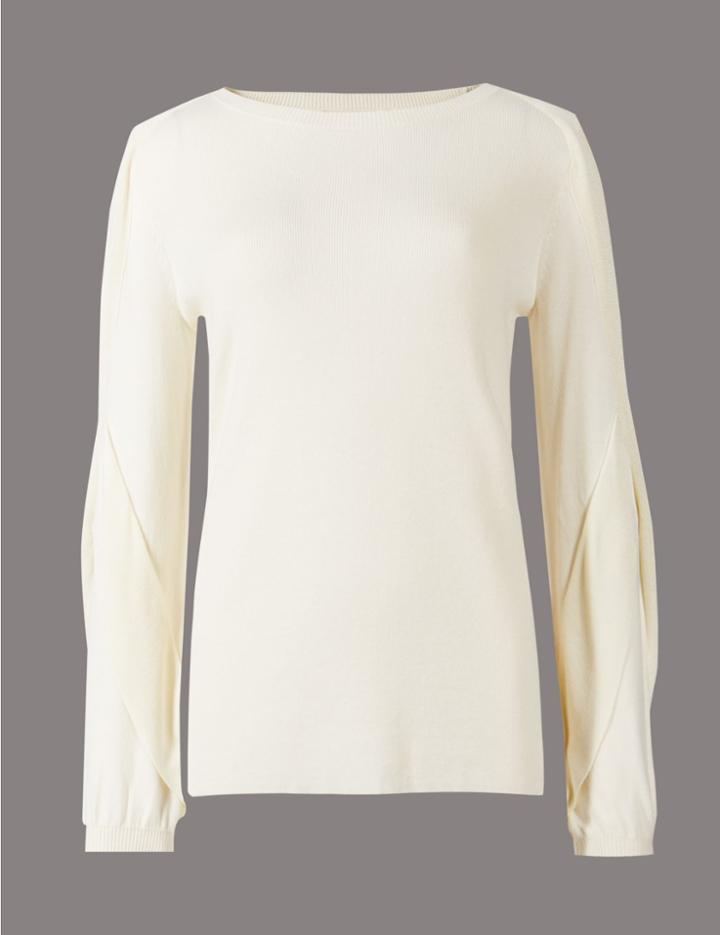 Marks & Spencer Round Neck Frill Sleeve Jumper Dark Cream