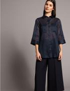 Marks & Spencer Cotton Blend 3/4 Sleeve Shirt Navy