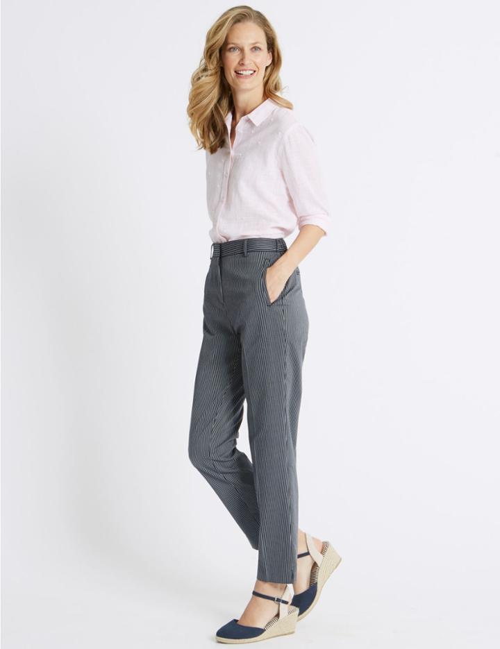 Marks & Spencer Cotton Blend Striped Straight Leg Trousers Navy Mix