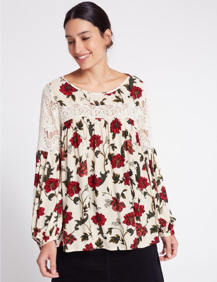 Marks & Spencer Lace Floral Print Pleated Blouse Cream Mix