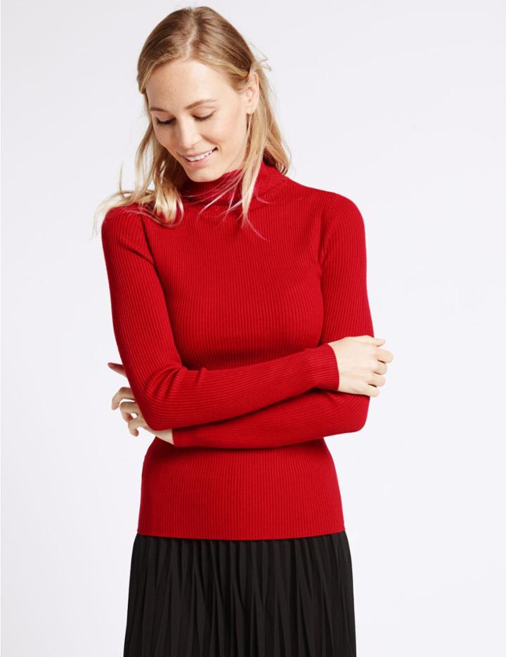 Marks & Spencer Ribbed Polo Neck Jumper Lacquer Red