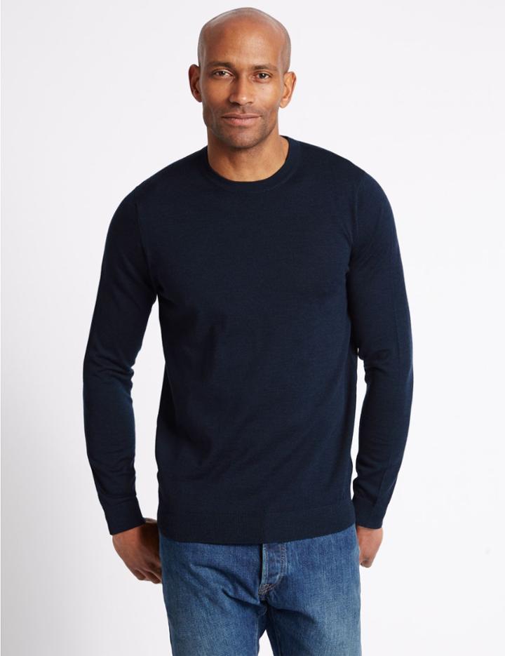 Marks & Spencer Pure Merino Wool Crew Neck Jumper Navy